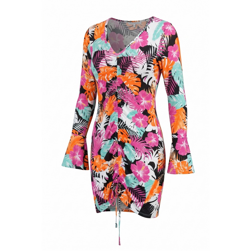 Almost Famous Tropical Mesh Ruched Mini Dress Bell Sleeve Floral 1X Plus Size